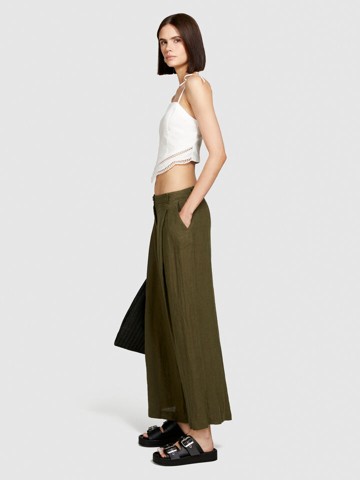 Wide leg 100% linen trousers - women's palazzo trousers - Military Green | Sisley image number 2